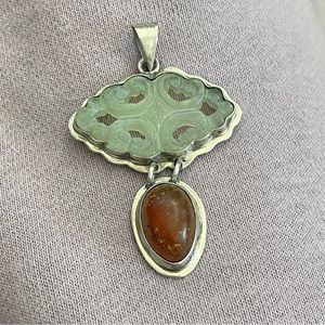 Rare Vintage SW mexcio 925 silver with jade and Bakelite amber Pendant